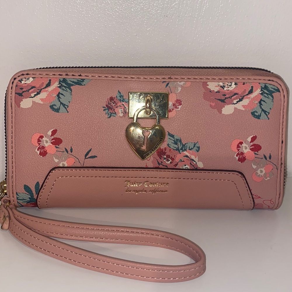Juicy Couture Pink Floral Wallet / Wristlet With Gold Tone Heart & Key